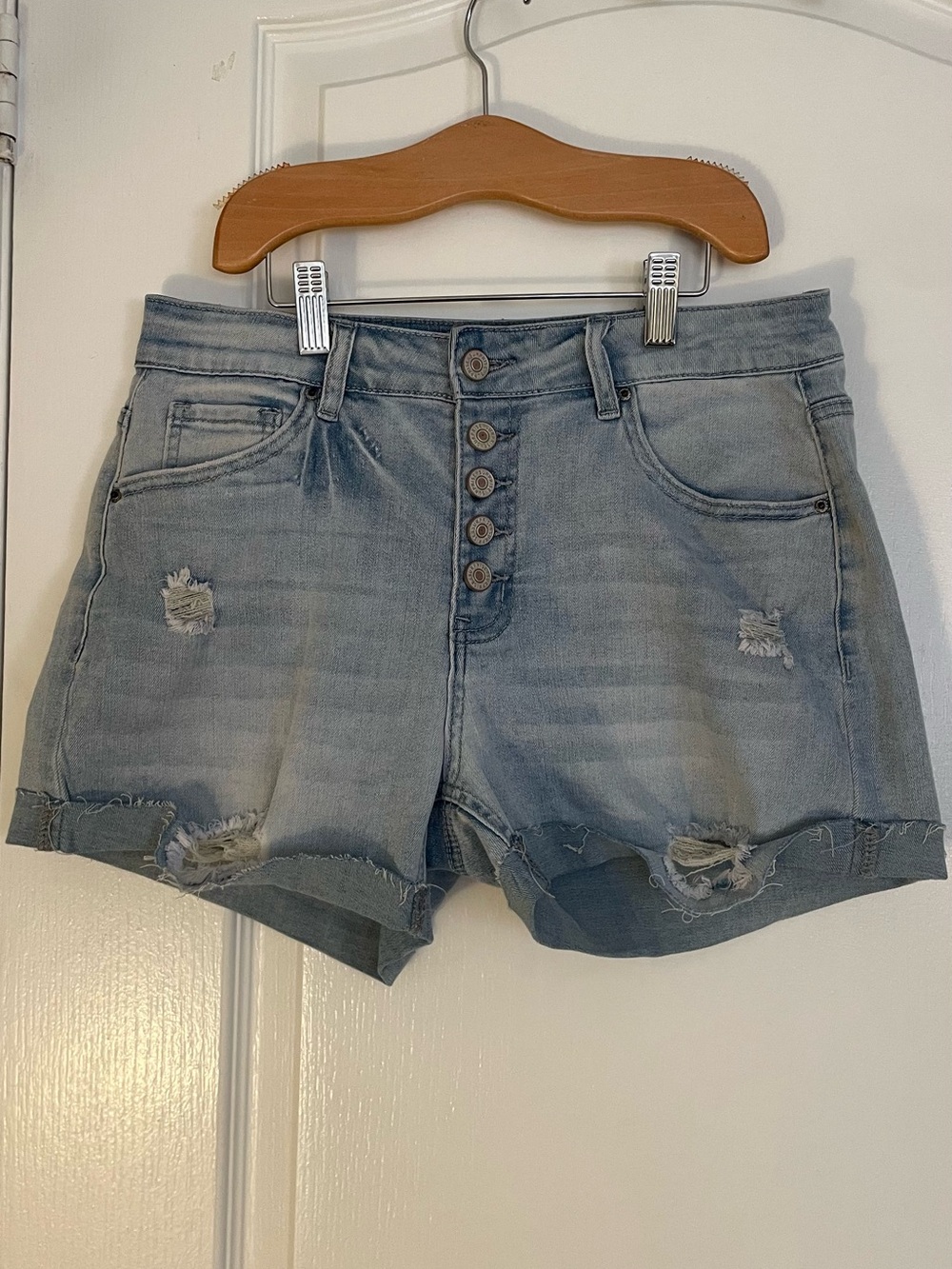 S - Distressed High-Rise Denim Shorts
